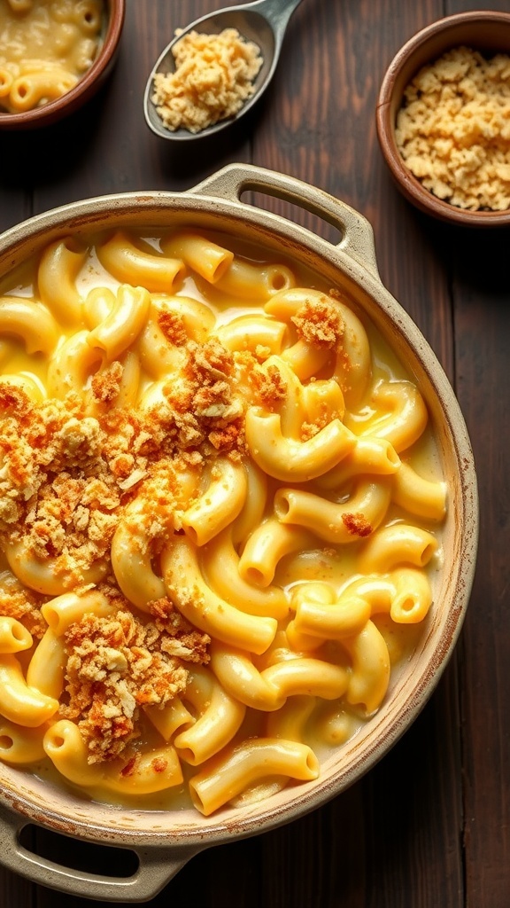 A serving of baked mac and cheese with a golden crust and creamy cheese sauce, on a rustic wooden table.